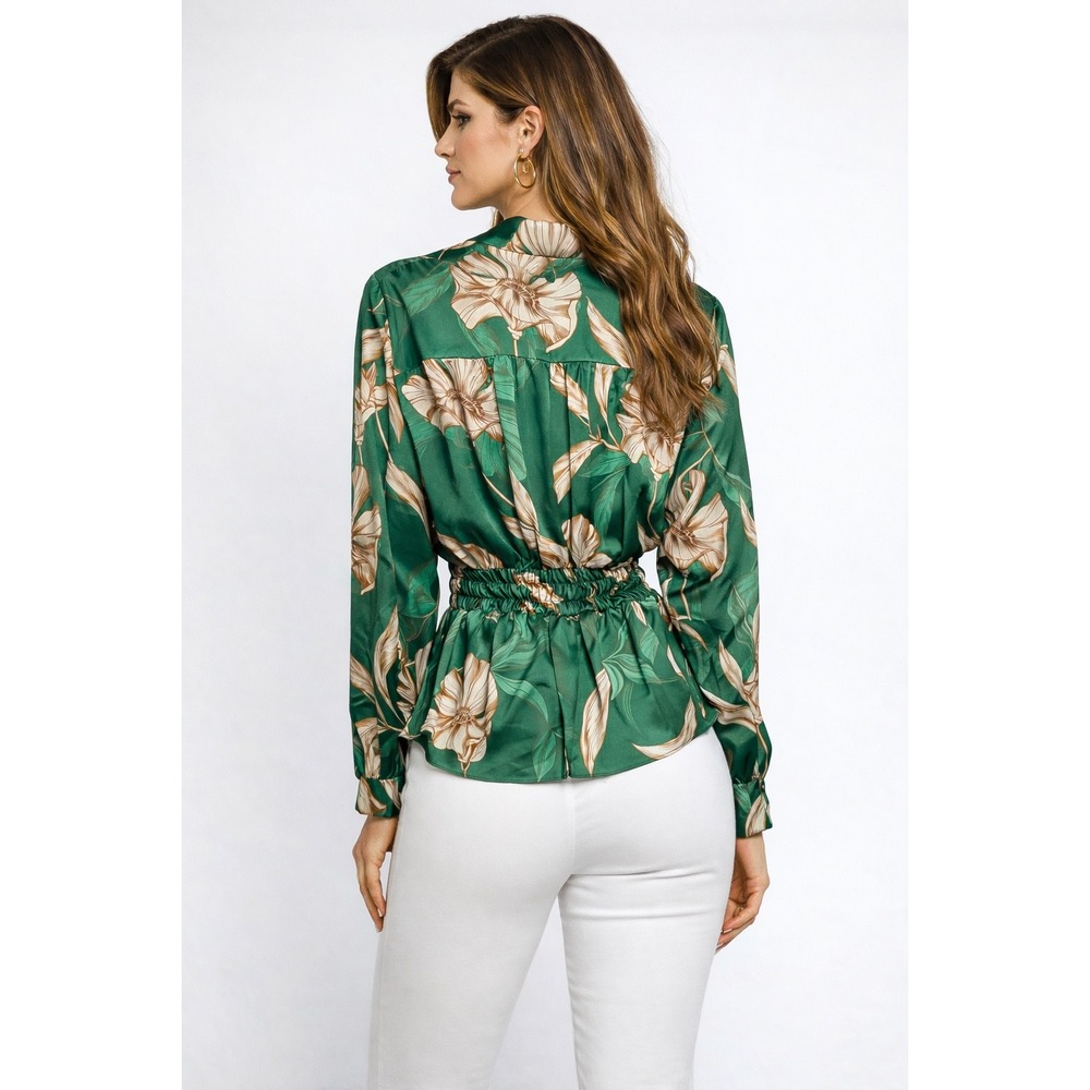 MISA Los Angeles Emerald Green Floral Print Satin Wrap Blouse Top Size S - Picture 2 of 8